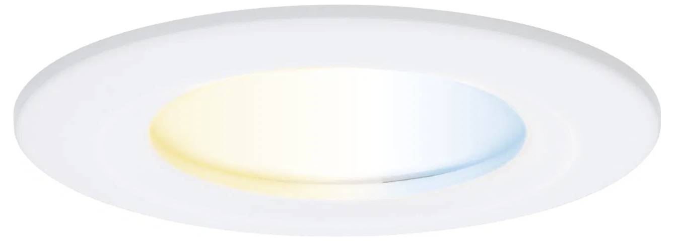 En rund, vit LED-taklampa med en gradient som visar varma till kalla ljustoner.