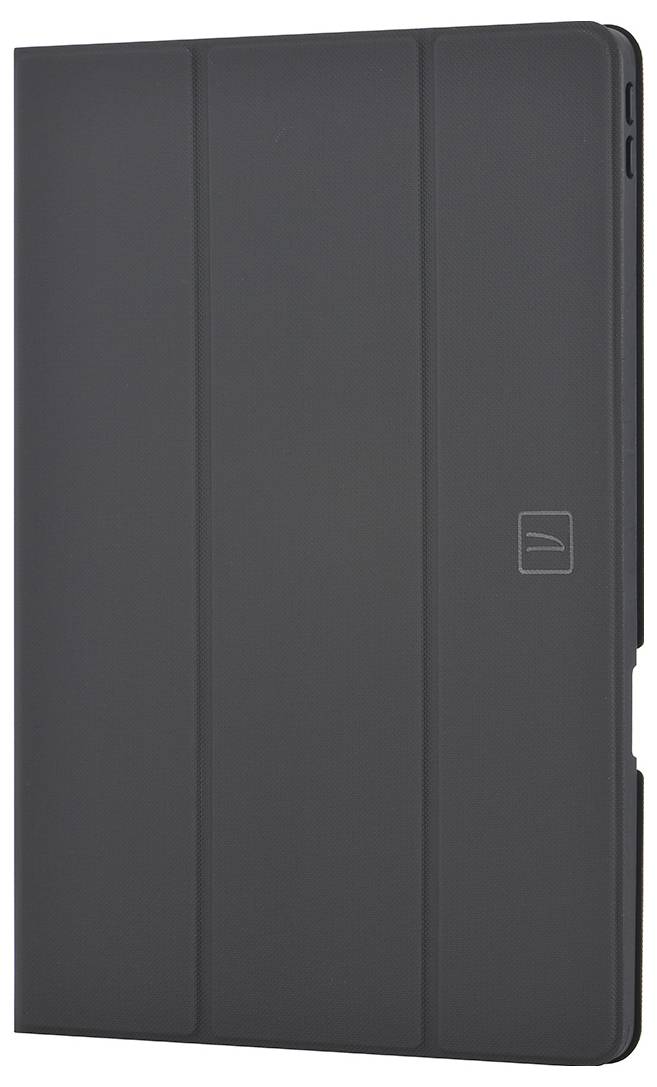 Ett slutet svart tabletfodral med en diskret linjär design och en rektangulär indentation på sidan.