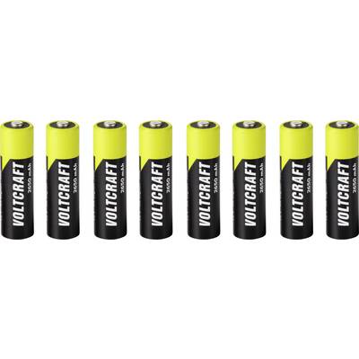 Åtta Voltcraft 14500 uppladdningsbara batterier visade upprätt i en rad, svart och gul design med "VOLTCRAFT" -märkning.