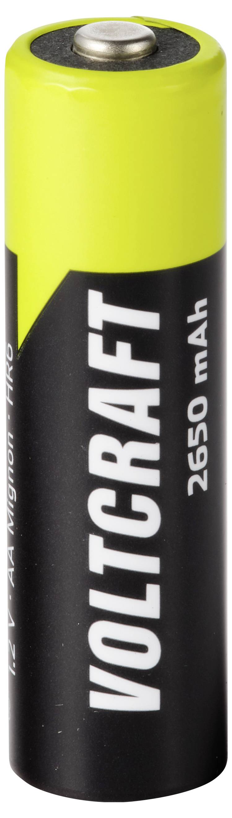 En gul och svart Volcraft 2650 mAh-batteri visat upprätt, med märkesnamnet tryckt vertikalt på etiketten.