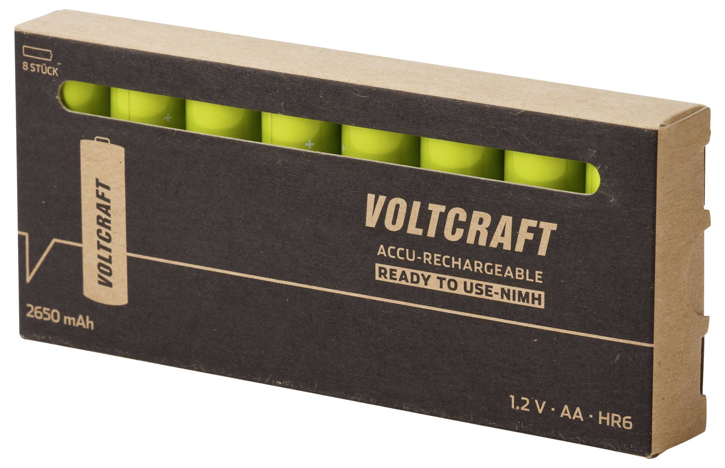 Paketerad Voltcraft 8-pack AA-batterier med återladdning, NiMH, märkta 2650 mAh och 1,2 V, med gröna celler synliga genom fönstret.