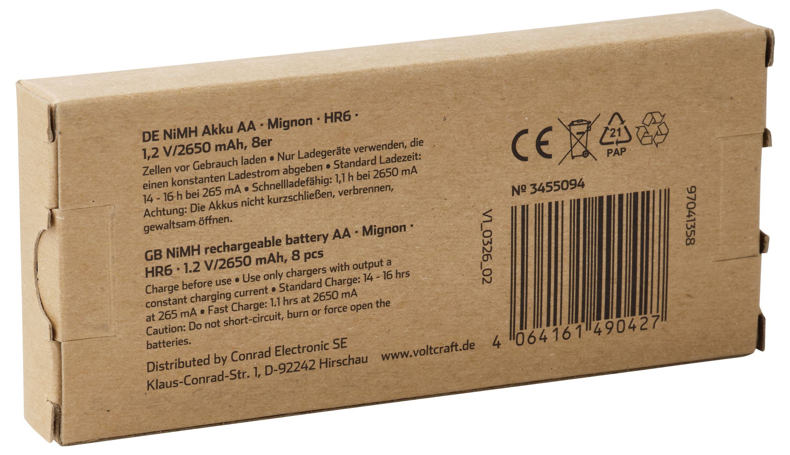 Kartongförpackning för återladdningsbar AA/AAA-batteriladdare, märkt på tyska med streckkod, CE- och återvinningssymboler.