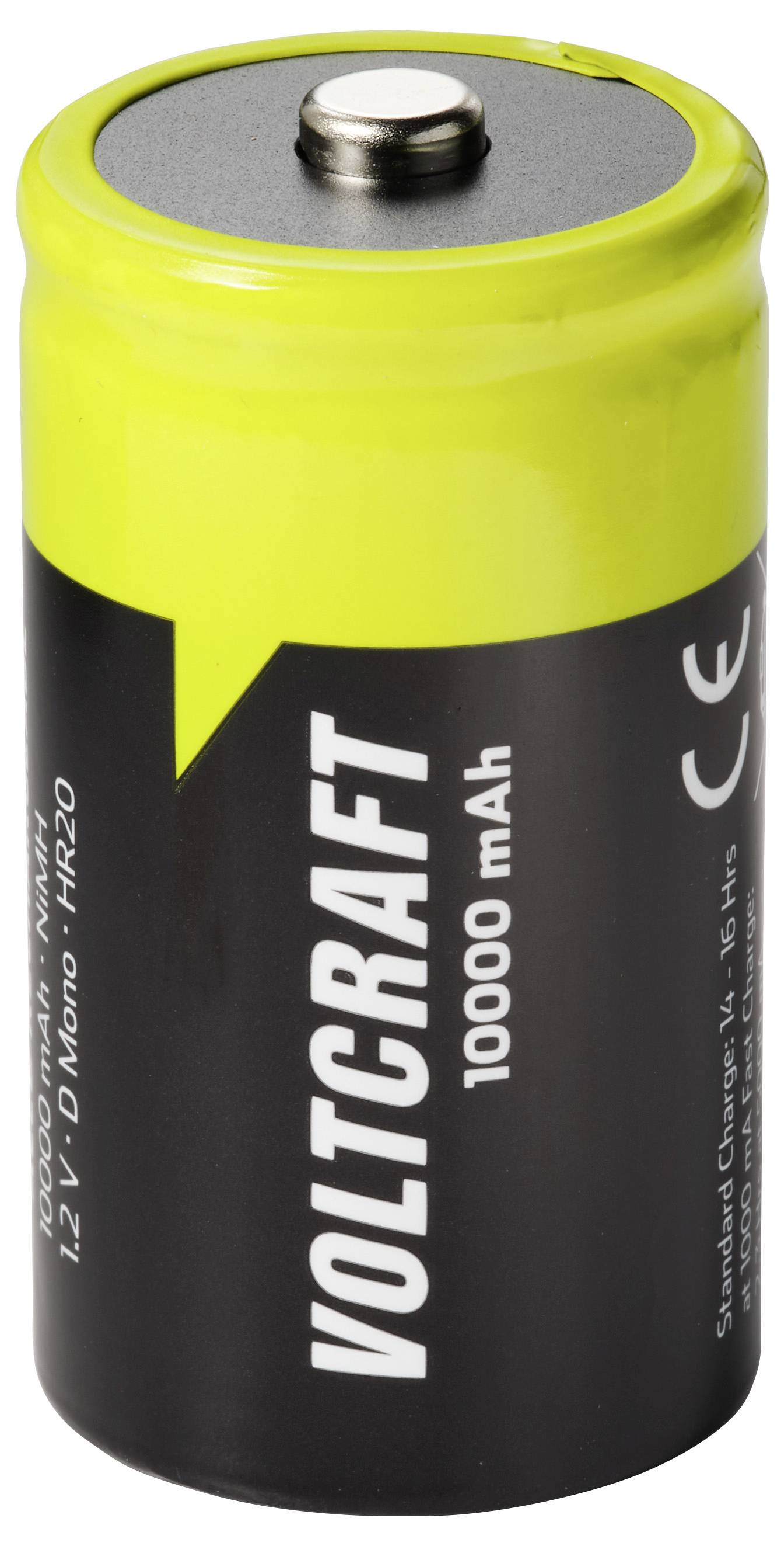 En svart-och-gul Voltcraft 10000 mAh uppladdningsbar batteri med en enda metallkontakt på toppen.