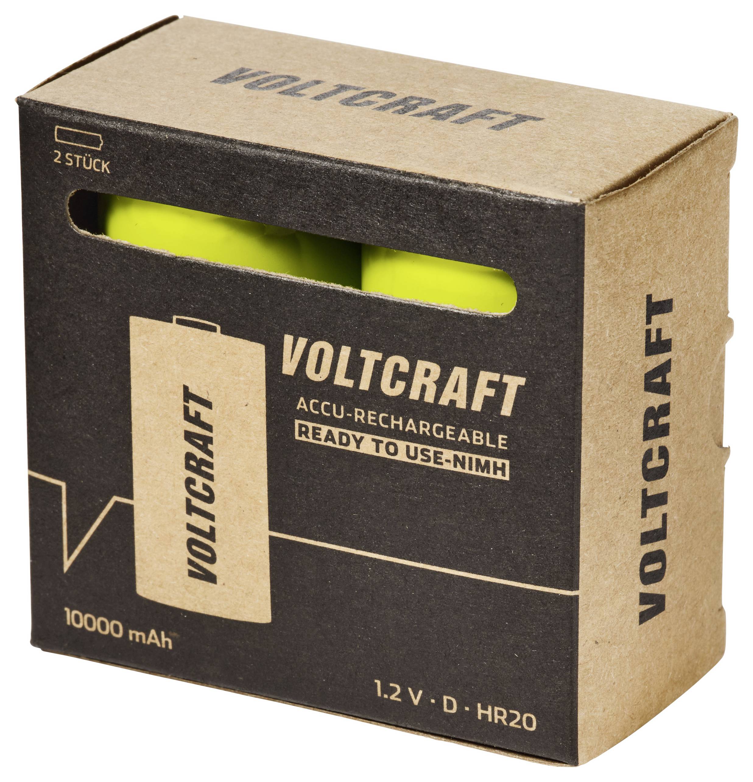 Voltcraft uppladdningsbar batteriformpackning för två 1,2V D-storlek NiMH-celler, märkt 10 000 mAh.