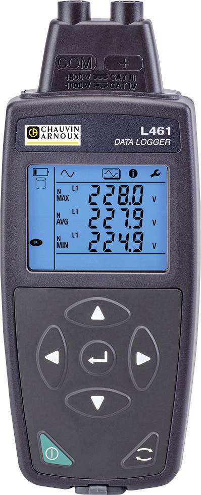 Handhållen elektronisk enhet märkt 'CHAUVIN ARNOUX L461 Datalogger' med en digital display som visar spänningsmätningar: max 239,0V, medel 237,9V, min 224,3V.