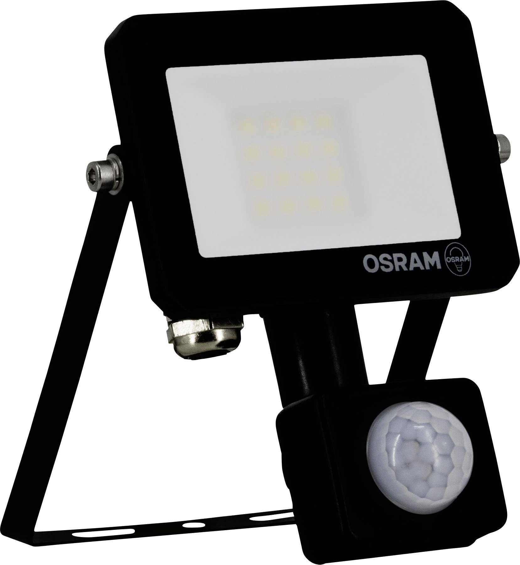En svart Osram LED-strålkastare med en rörelsesensor monterad under, fäst på ett justerbart fäste.