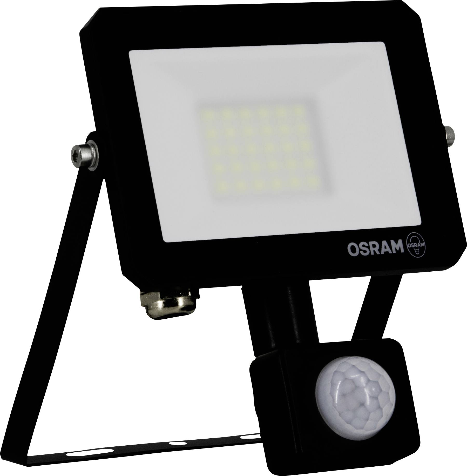 En svart rektangulär LED-strålkastare med rörelsesensor, märkt 'OSRAM', monterad på ett justerbart stativ.