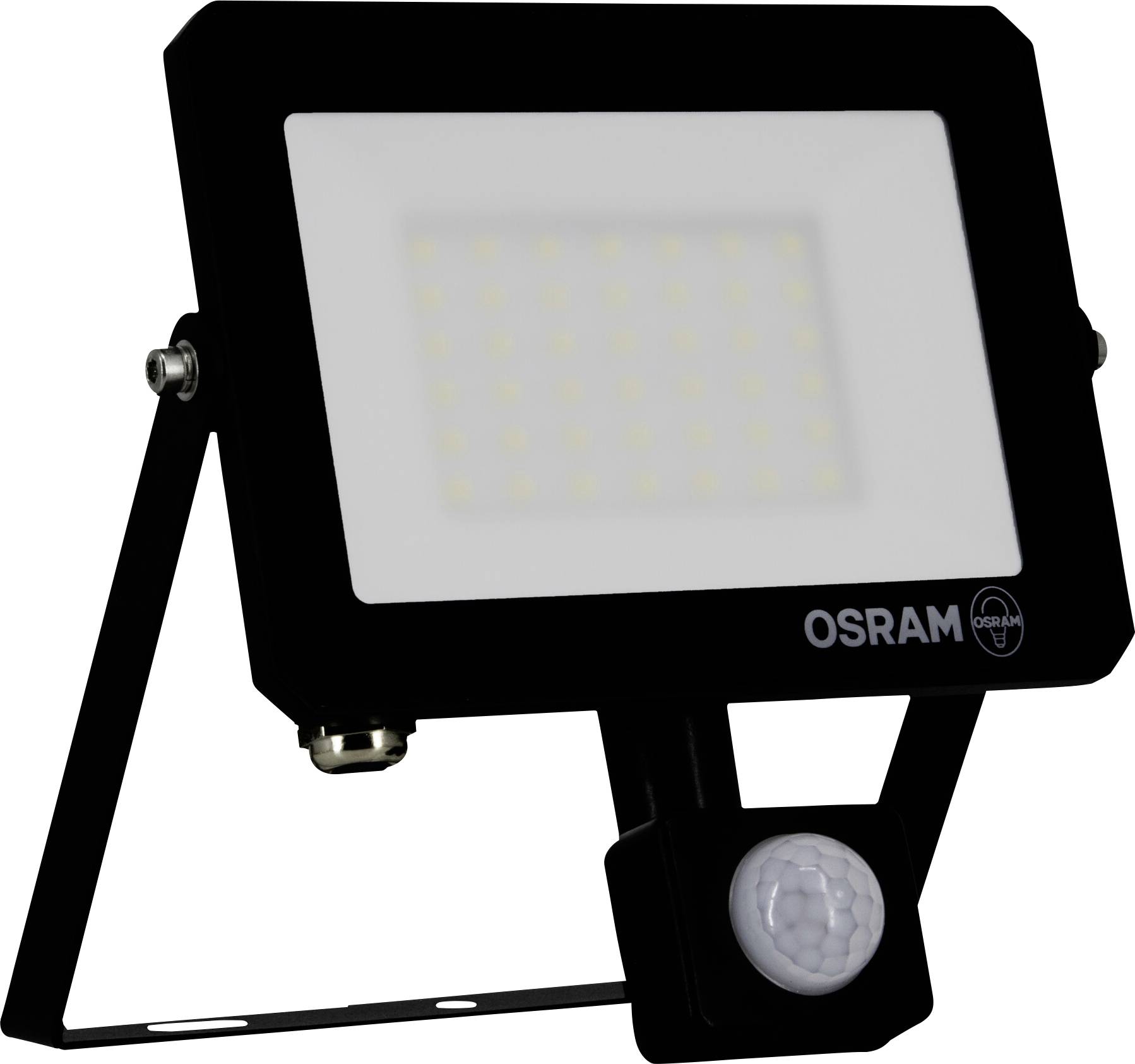 En svart Osram utomhusstrålkastare med rektangulär form och monterad rörelsesensor längst ner, avsedd för externa belysningsändamål.