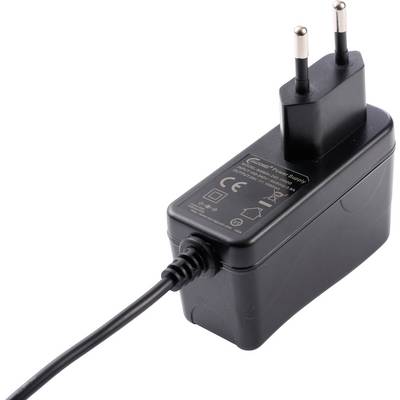 Svart strömadapter med två runda kontakter och ansluten kabel, med säkerhet och certifieringsmarkeringar på sitt skal.