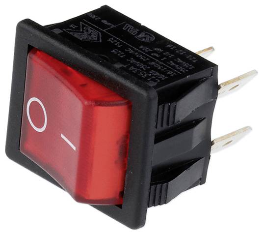 En röd, rektangulär vippströmbrytare med en 'O -' markering, som indikerar en på/av-funktion. Strömbrytaren sitter i ett plasthölje med metallspröt.