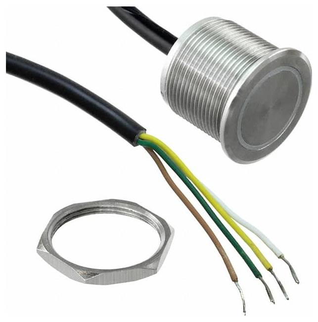 En cylindrisk metallisk sensor med en svart kabel och flerfärgade trådar. En separat sexkantig mutter visas intill.