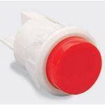En röd nödstopp-knapp med vit bas, vanligtvis använd i industriella miljöer för att snabbt stanna maskiner i händelse av en nödsituation.