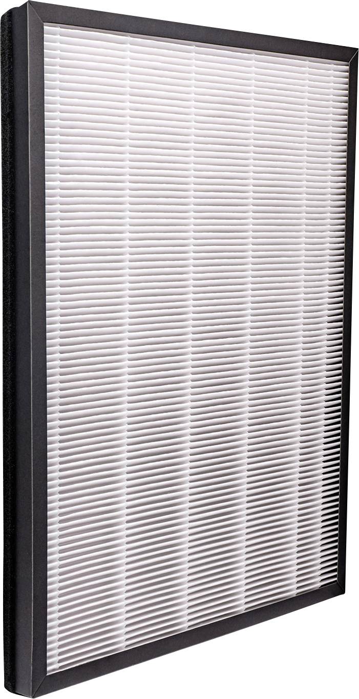 Ett rektangulärt luftfilter med svart ram och vitt veckat material, konstruerat för luftrenare för att ta bort damm och allergener.