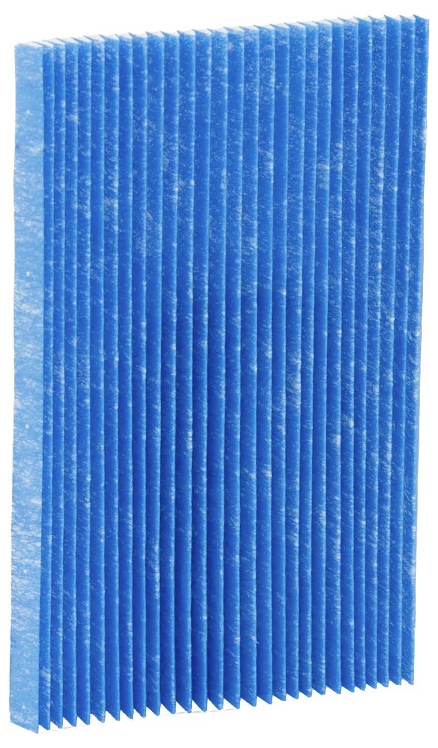 En blå veckad luftfilter som står upprätt och visar sin strukturerade yta och rektangulära form.