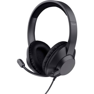 Headset med mikrofon, svart design, utrustad med stoppade öronkuddar och justerbart huvudband för optimal komfort.