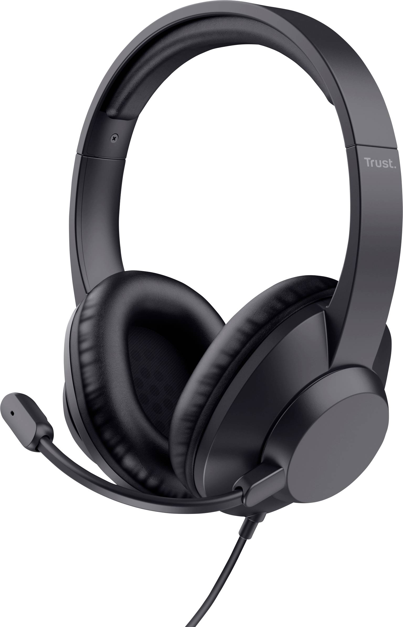 Svarta over-ear-hörlurar med ett vadderat huvudband och en medföljande justerbar mikrofon.