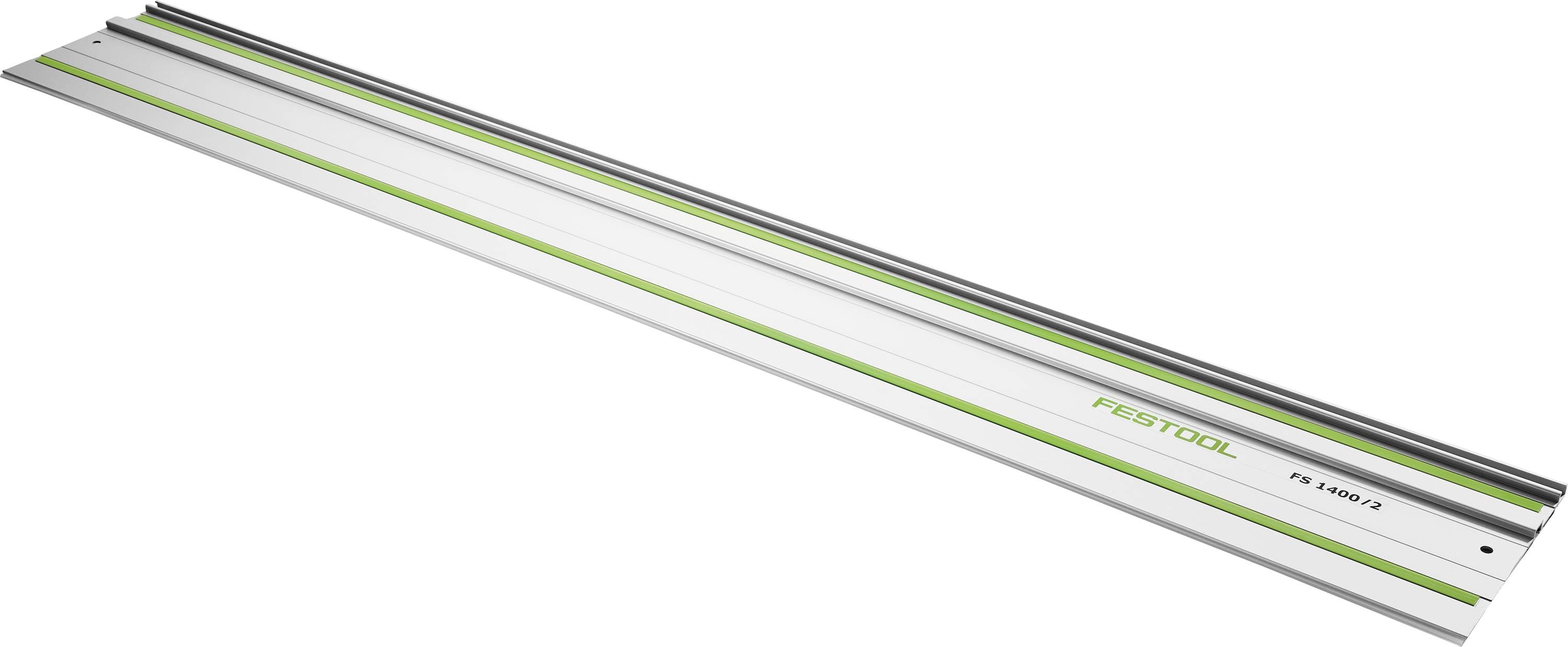 En lång, plan metallisk styrskena med logotypen 'FESTOOL' tryckt på den, som används för exakt kapning med elverktyg.
