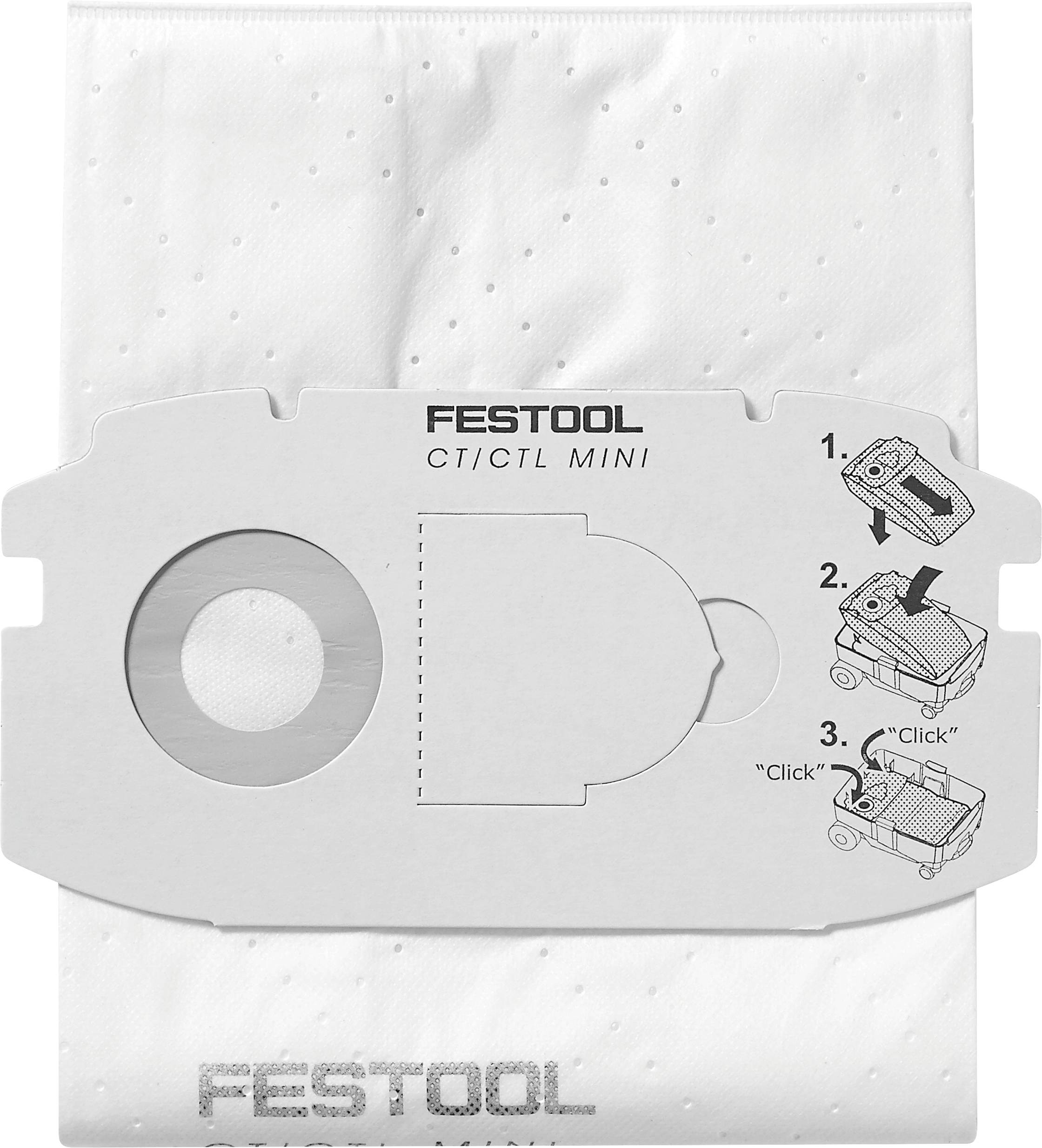 En dammsugarpåse märkt 'FESTOOL CT/CTL MINI' med instruktioner som visar tre steg för installation på en dammsugare.