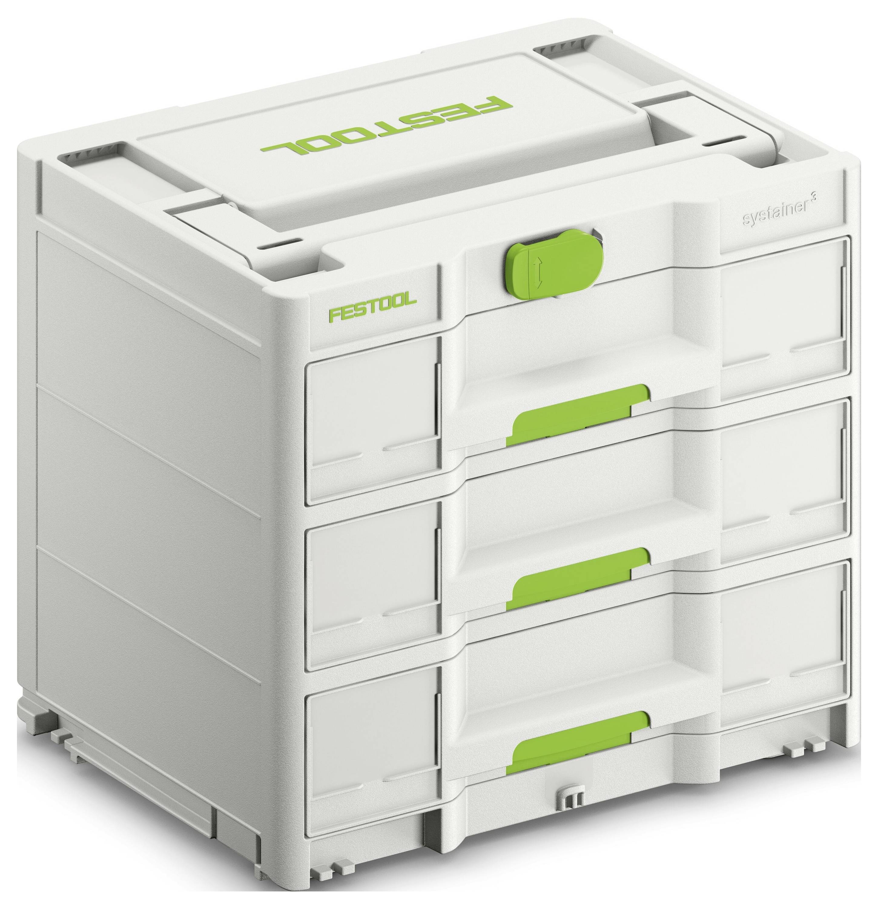 En vit modulär förvaringsbox med varumärket 'Festool' i grönt. Den har flera lådor och ett handtag ovanpå för enkel transport.