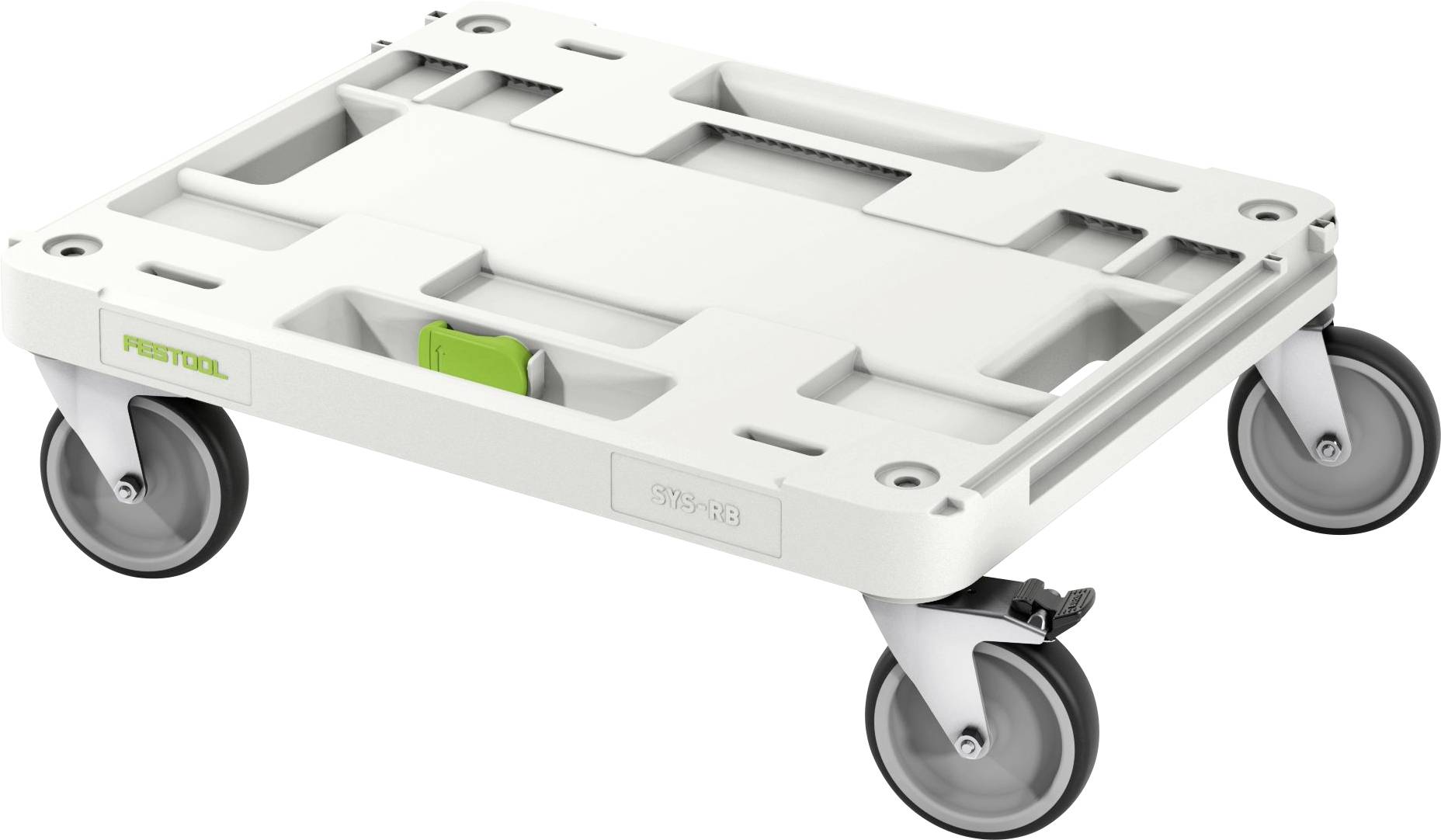 En hjulförsedd vit plattform med fyra svänghjul, avsedd för transport eller stöd av föremål.
