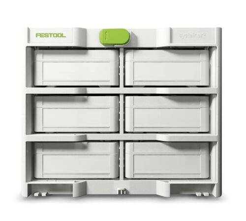 En grå modulär förvaringsbox med sex fack, utrustad med 'Festool'-logotypen i grönt i det övre vänstra hörnet.