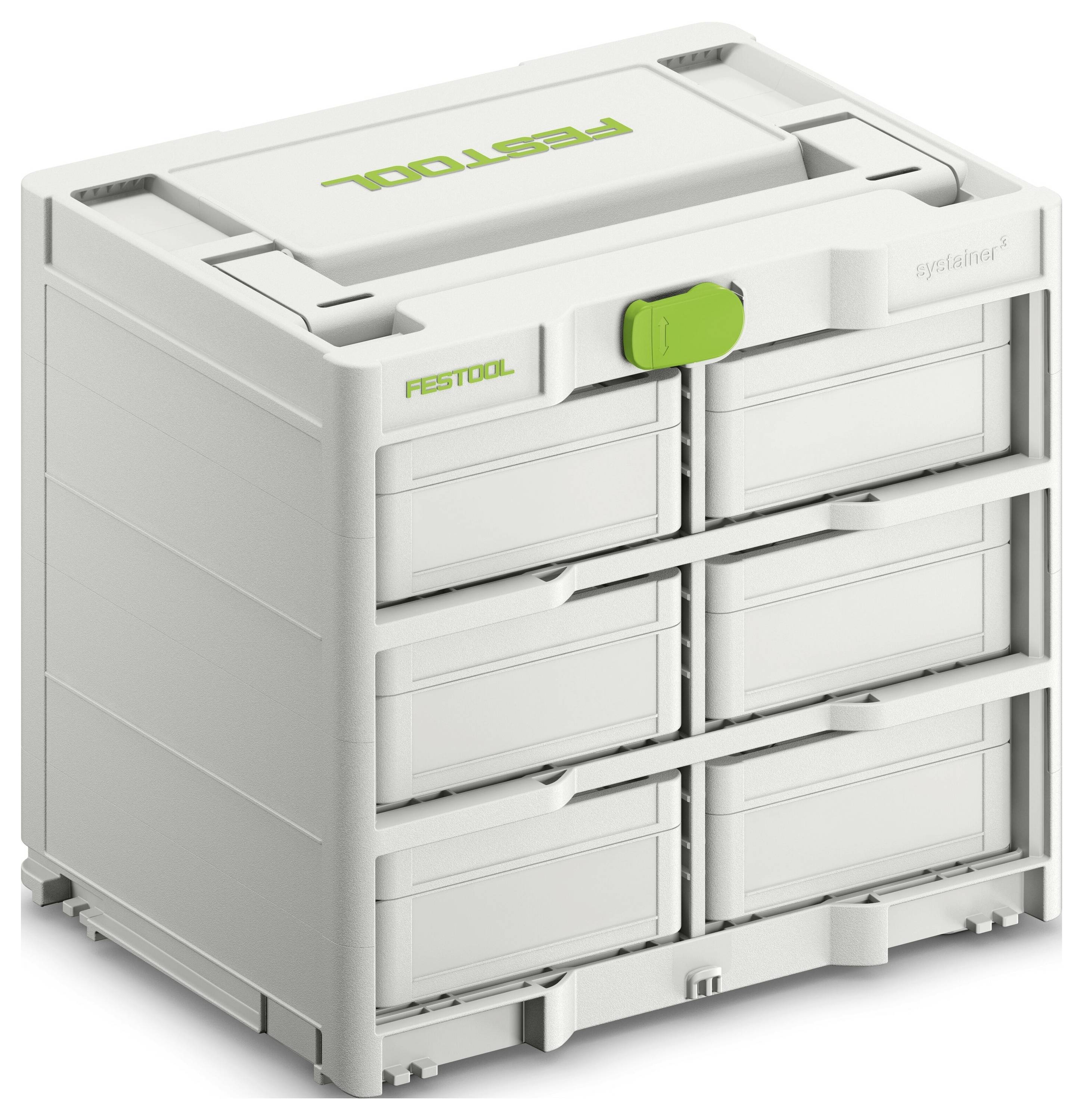 En stapelbar plastförvaringsbox med en grön låsanordning och flera fack, märkt med 'Festool', avsedd för organisering av verktyg eller material.