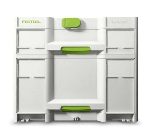 Verktygsförvaringsbox med gröna hakar och fack, märkt 'Festool' och 'Systainer'.