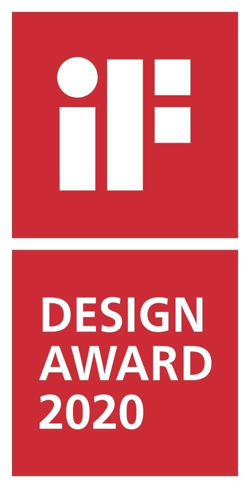 'iF Design Award 2020' logotyp, röd bakgrund med vit text och geometriska former ovanför texten.
