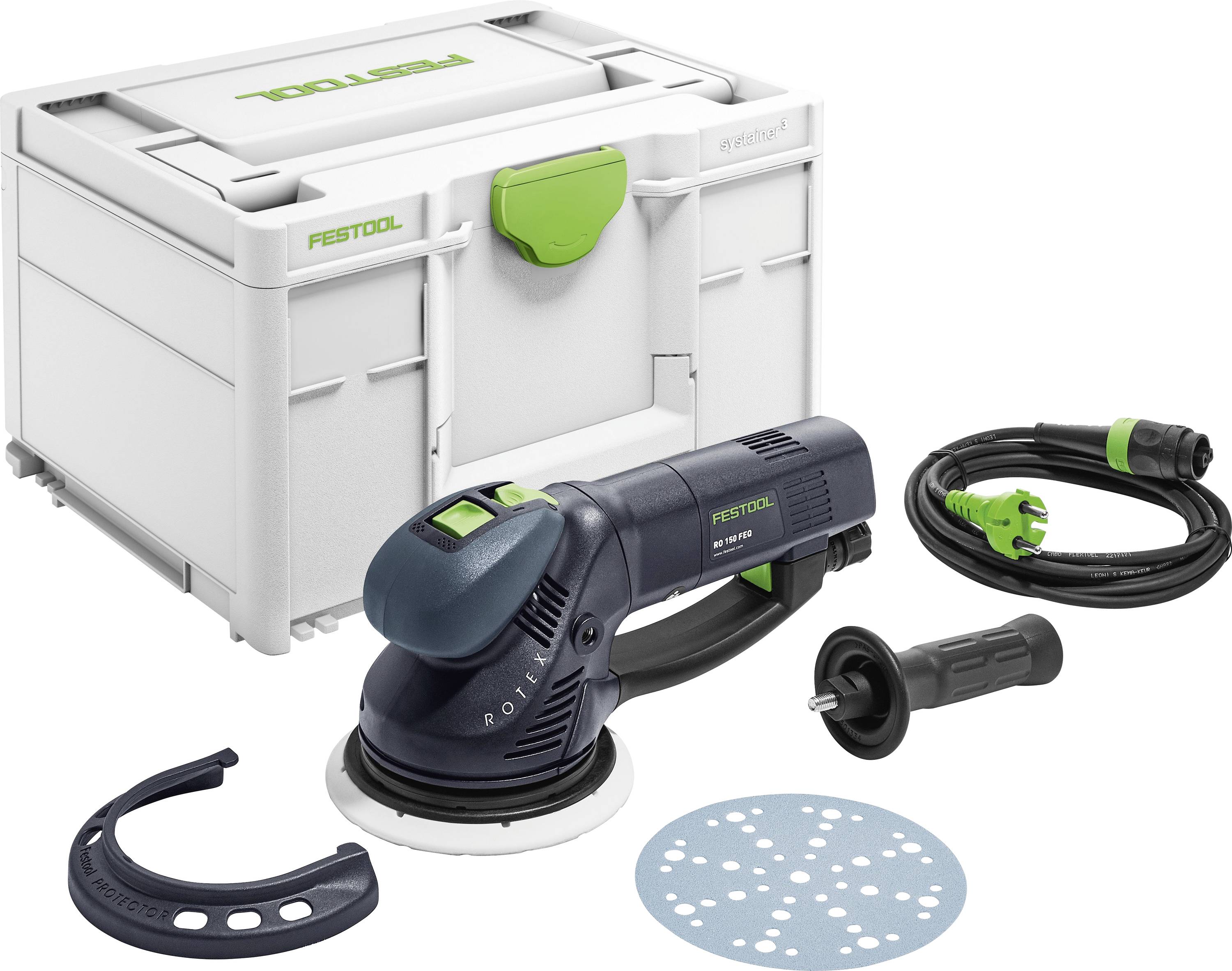 En Festool RO 90 DX roterande slipmaskin med tillbehör, inklusive handtag, slipplatta, cirkelskiva, strömkabel och förvaringsväska.