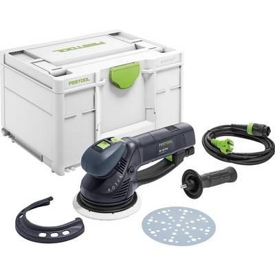 En Festool RO 90 DX roterande slipmaskin med tillbehör, inklusive handtag, slipplatta, cirkelskiva, strömkabel och förvaringsväska.