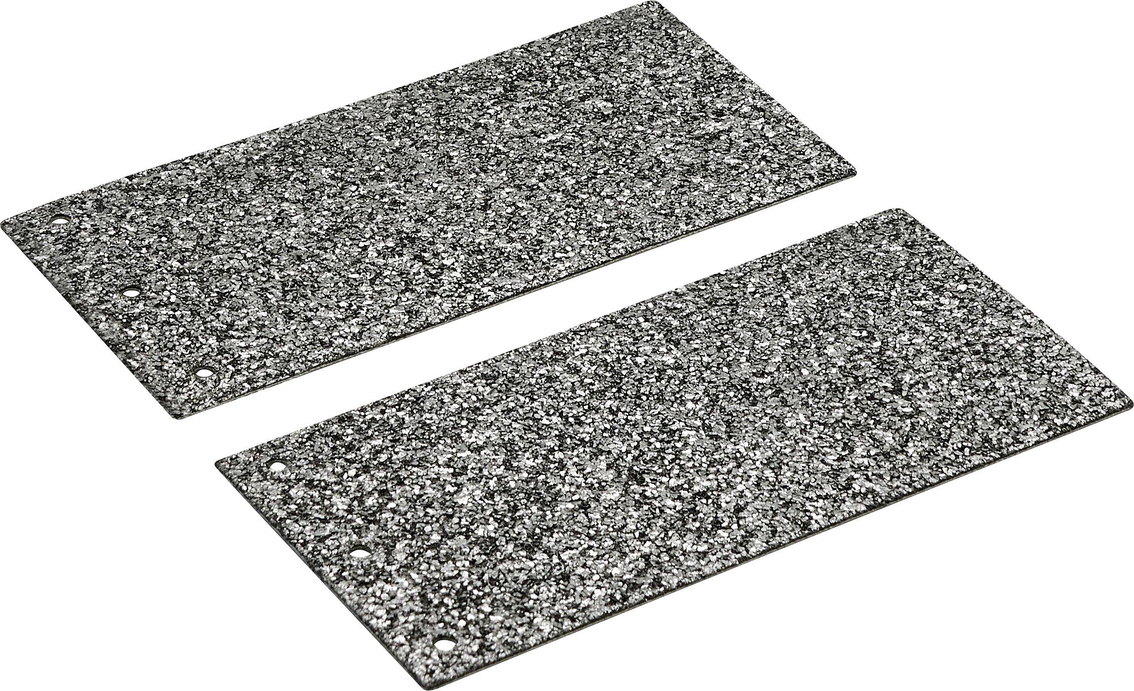 Två rektangulära, texturerade svarta paneler med små hål i hörnen placerade på en vit bakgrund.