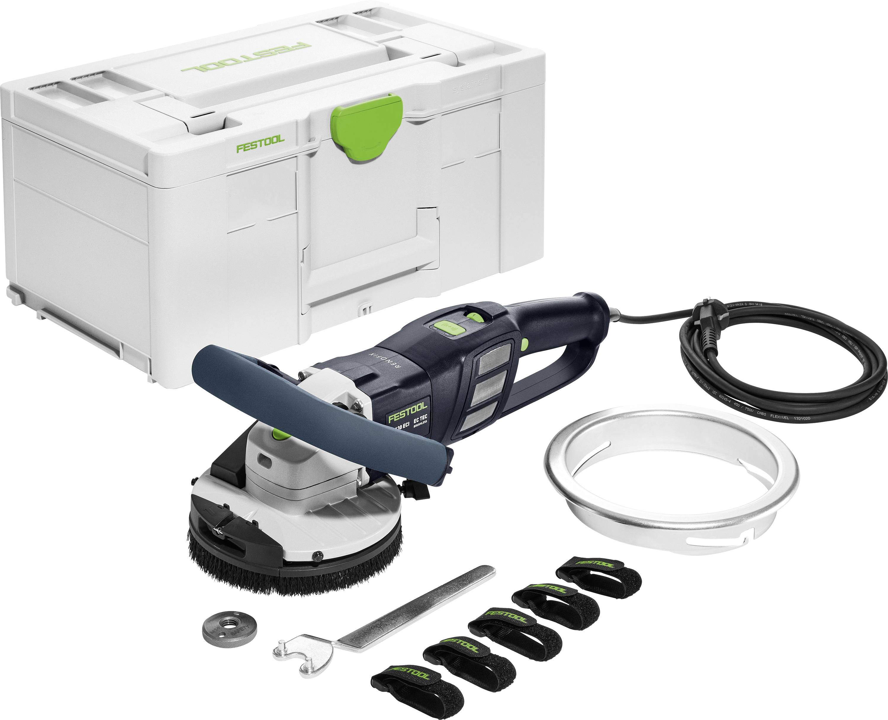 En Festool verktygssats med en slipmaskin med blått handtag, ansluten strömkabel, en transportväska, metallring, skiftnyckel och sex små tillbehör.