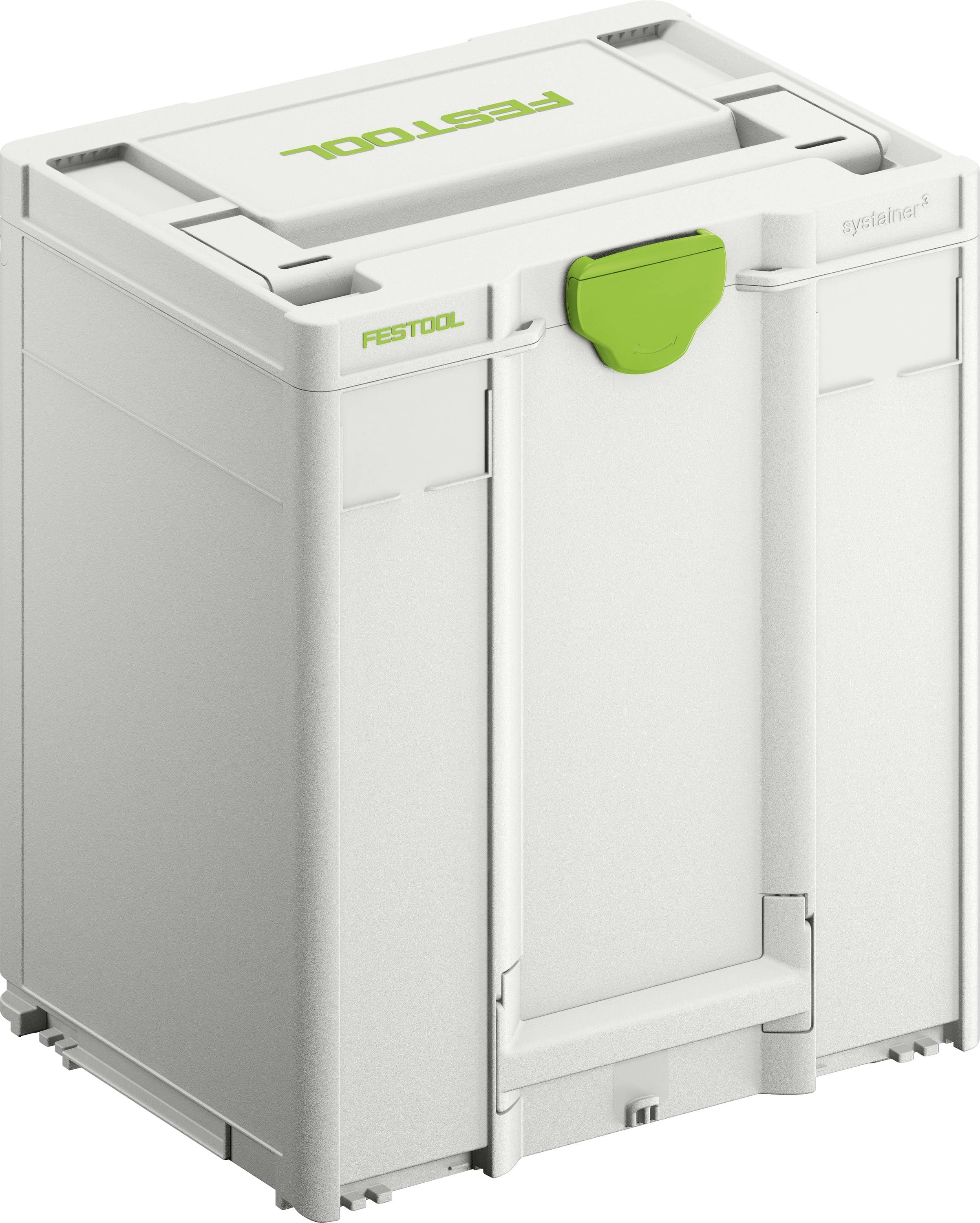 En vit Festool verktygsförvaringscontainer med ett grönt lås, med 'Festool' logotypen på ovansidan.