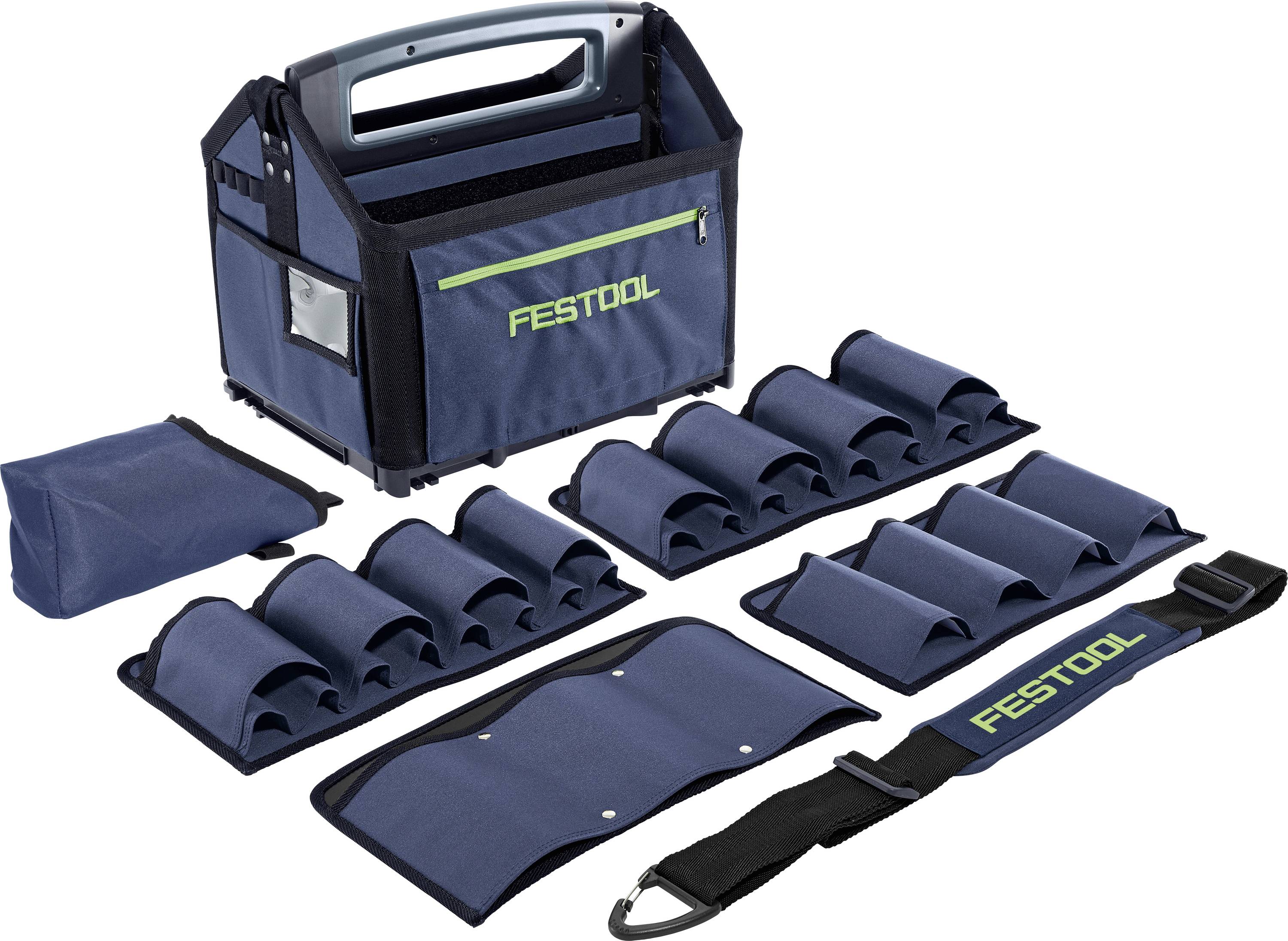 Festool verktygssorganiseringskit med ett handtag, flera blå tygfack och sektioner för verktyg och tillbehör i olika storlekar.