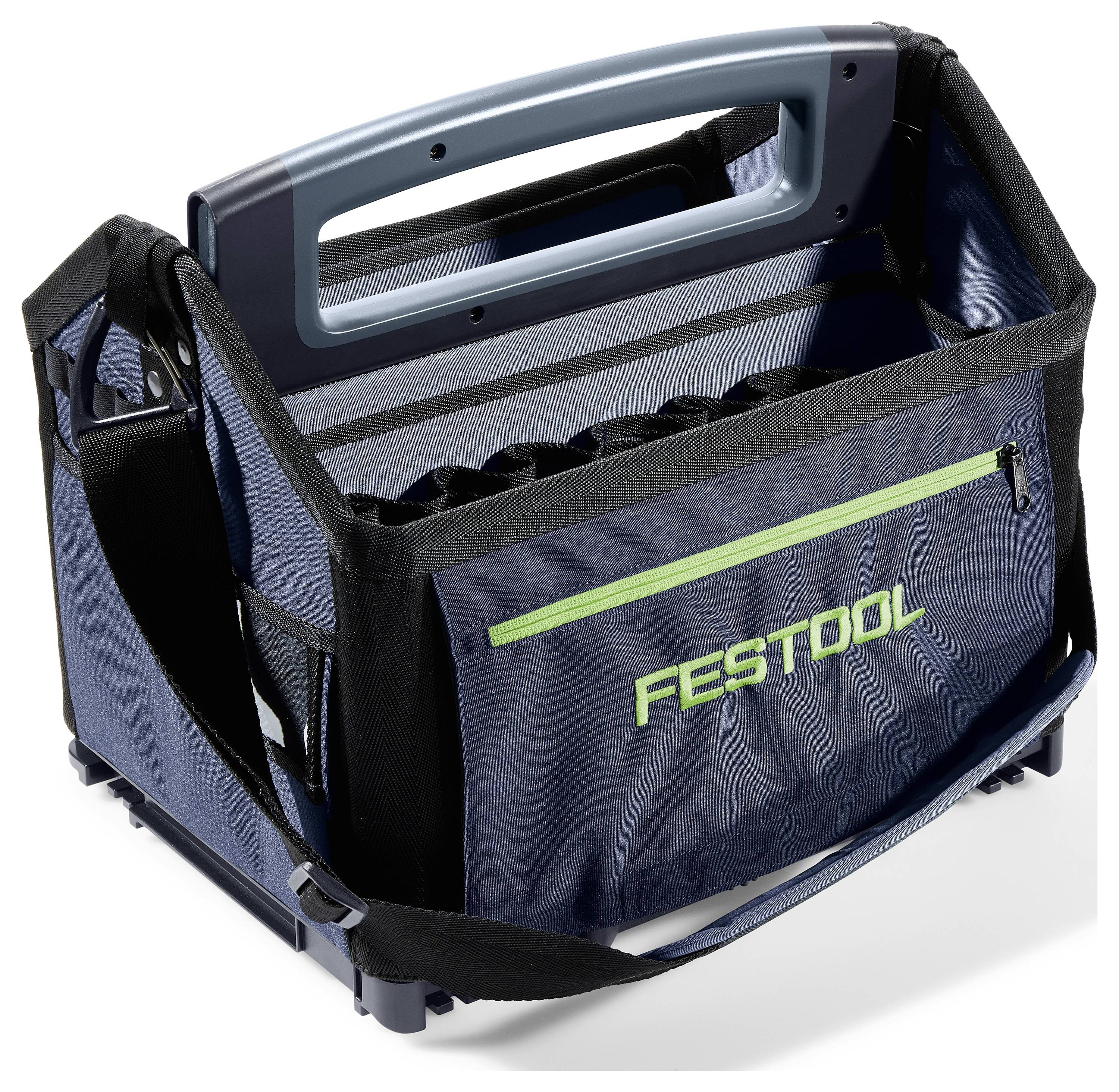 En blå Festool-verktygsväska med ett svart axelband och handtag, med en grön 'FESTOOL'-logotyp på den främre dragkedjeförsedda fickan.