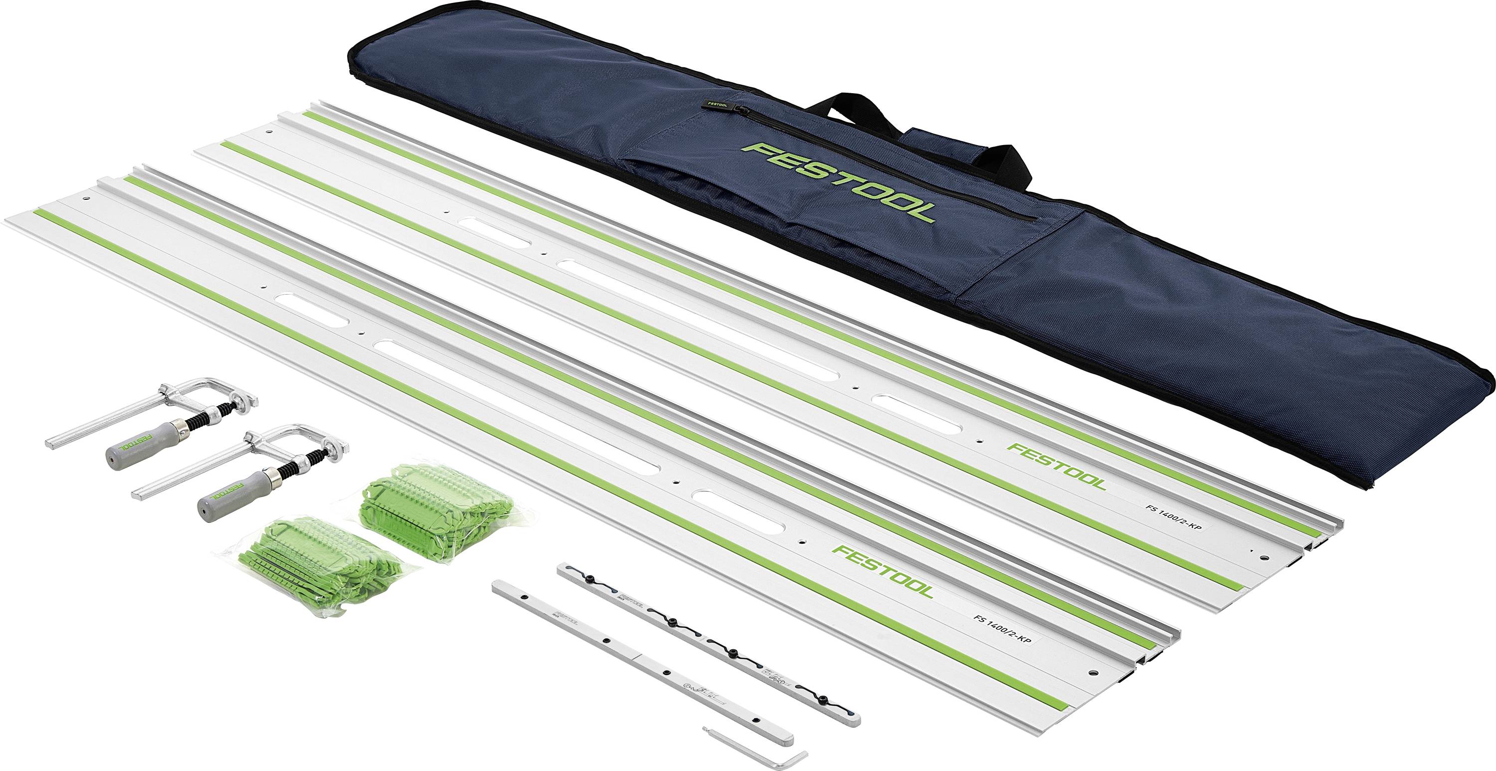 Festool skenset innehåller tre skenor, kopplingar, klämmor, avledare och en bärväska, allt upplagt för tydlig överblick.