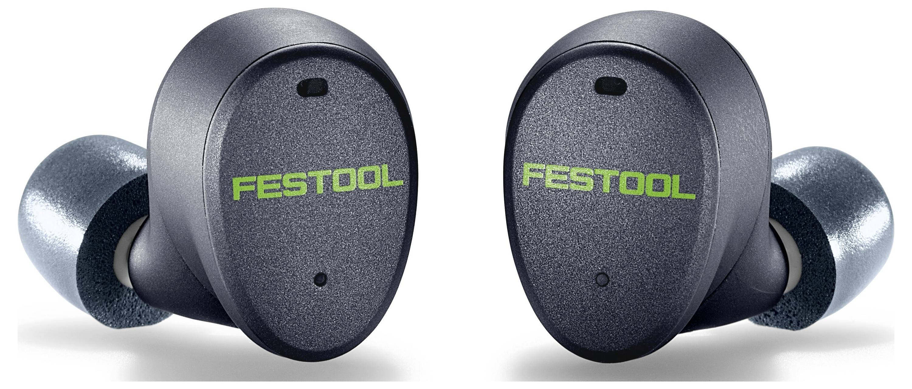Två svarta Festool trådlösa hörlurar visas sida vid sida, med en elegant design och grön 'FESTOOL'-logotyp på varje hörlur.