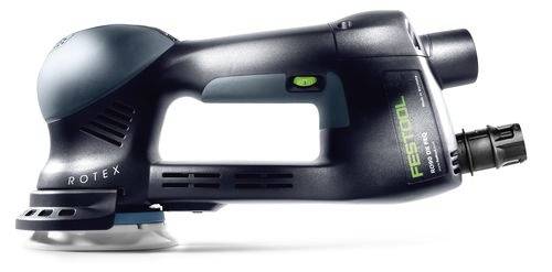 En smidig, mörkgrå Festool Rotex 150-slipmaskin med ergonomiskt handtag, konstruerad för professionella trä- och ytbehandlingsuppgifter.