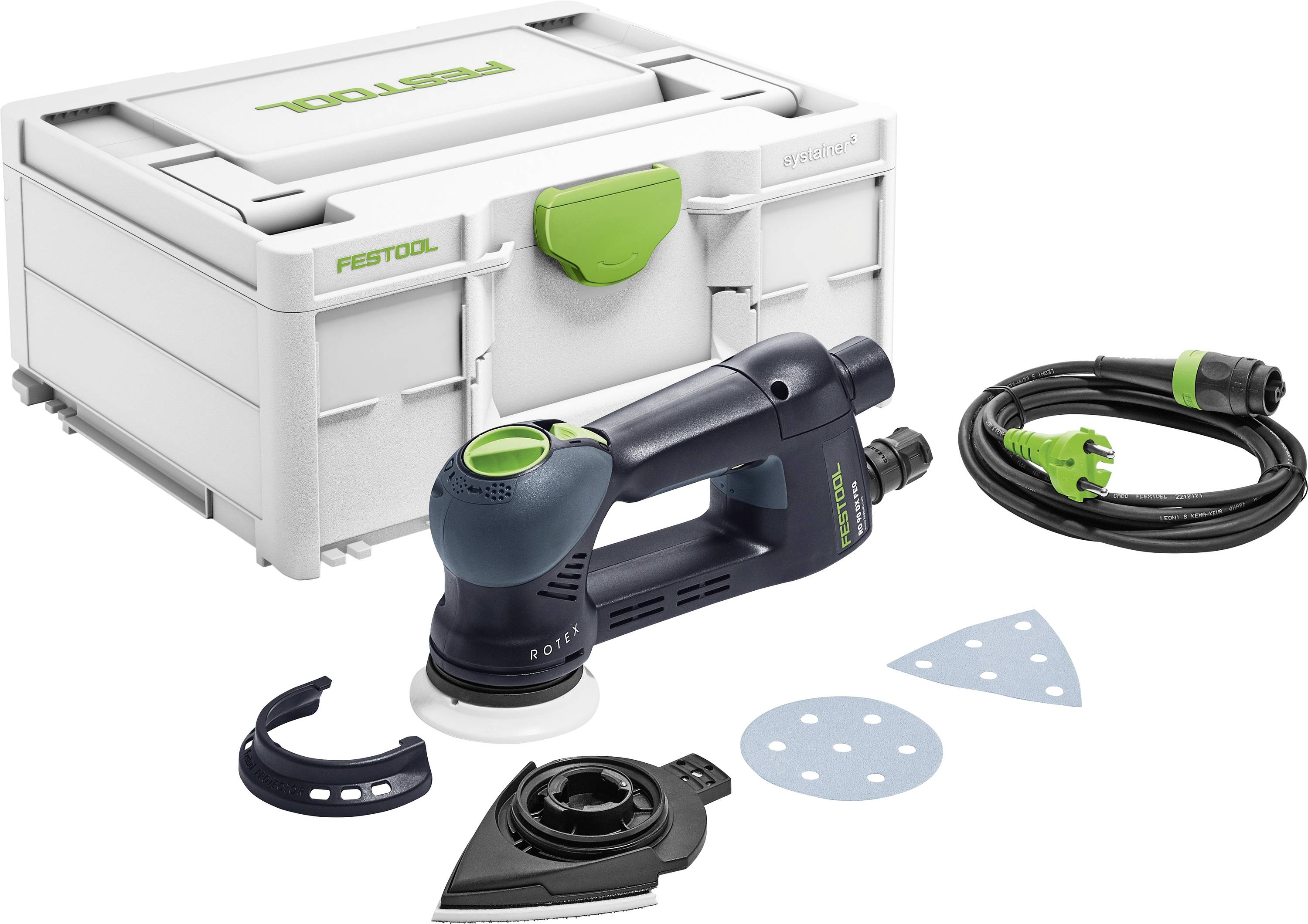 En kompakt slipmaskin med ett blått och grönt handtag, slipskivor och nätkabel bredvid en vit förvaringsväska märkt 'Festool'.