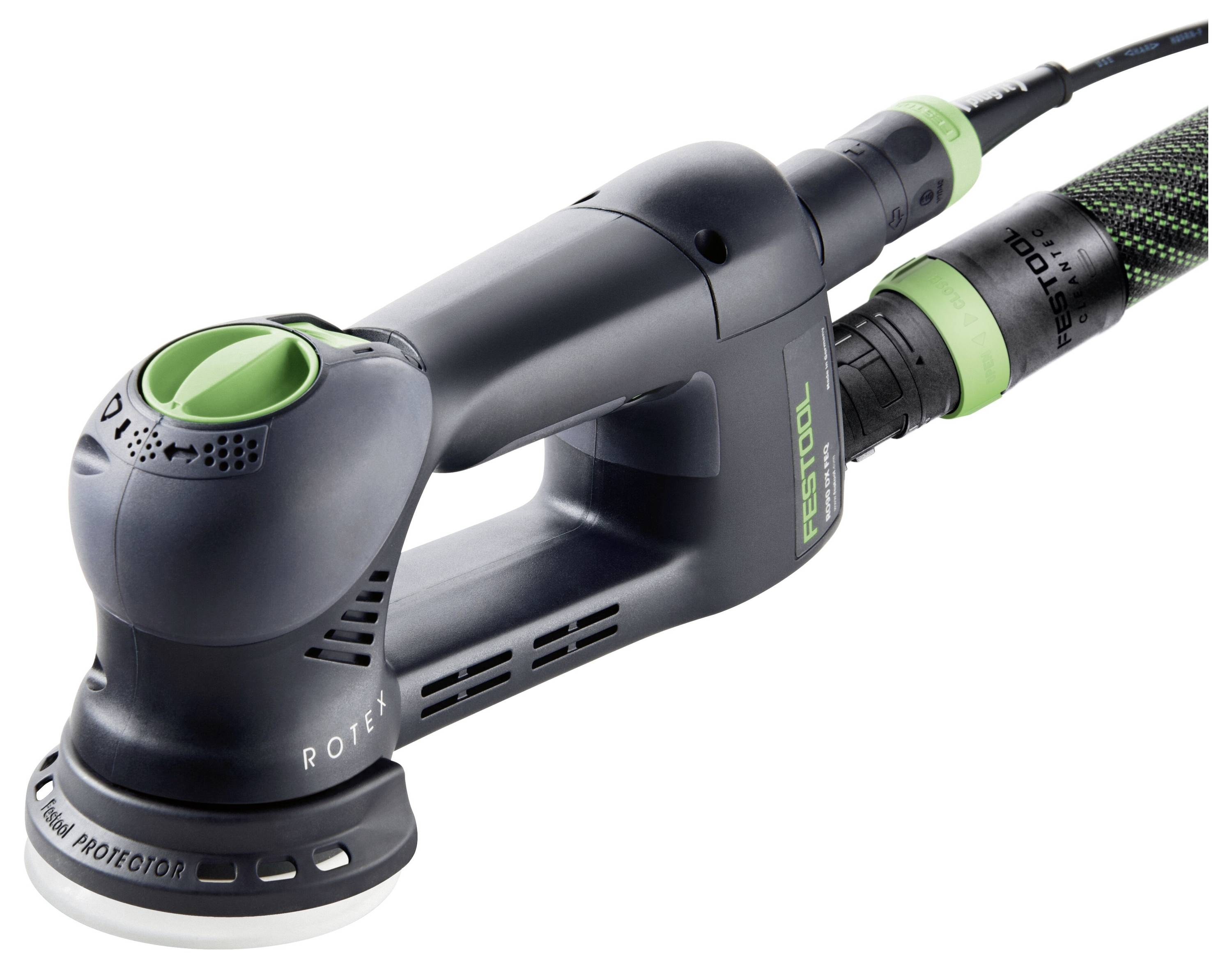 En svart och grön Festool Rotex slipmaskin med strömkabel och ergonomiskt handtag, designad för mångsidiga slip- och poleruppgifter.