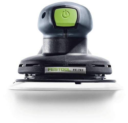 En Festool EC-TEC elverktyg, med en grön strömknapp och etikett, designad för jämn slipning av ytor.