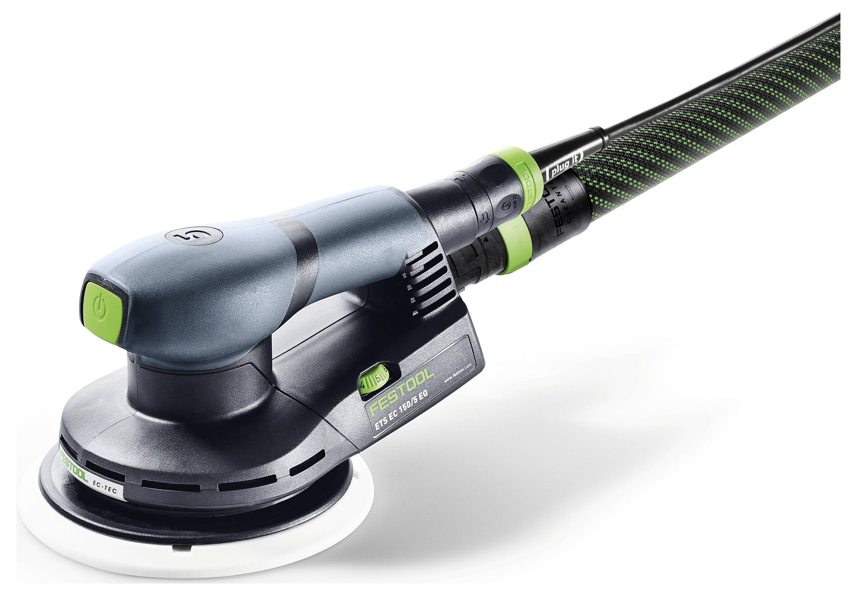 En slipmaskin med ett svart och grönt handtag, märkt 'FESTOOL', utrustad med en cirkulär slipskiva och ergonomisk design.