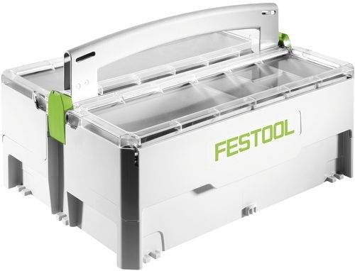 En verktygsorganiserare som visar en vit behållare med ett handtag och flera fack. Den har ett transparent lock och logotypen 'FESTOOL'.