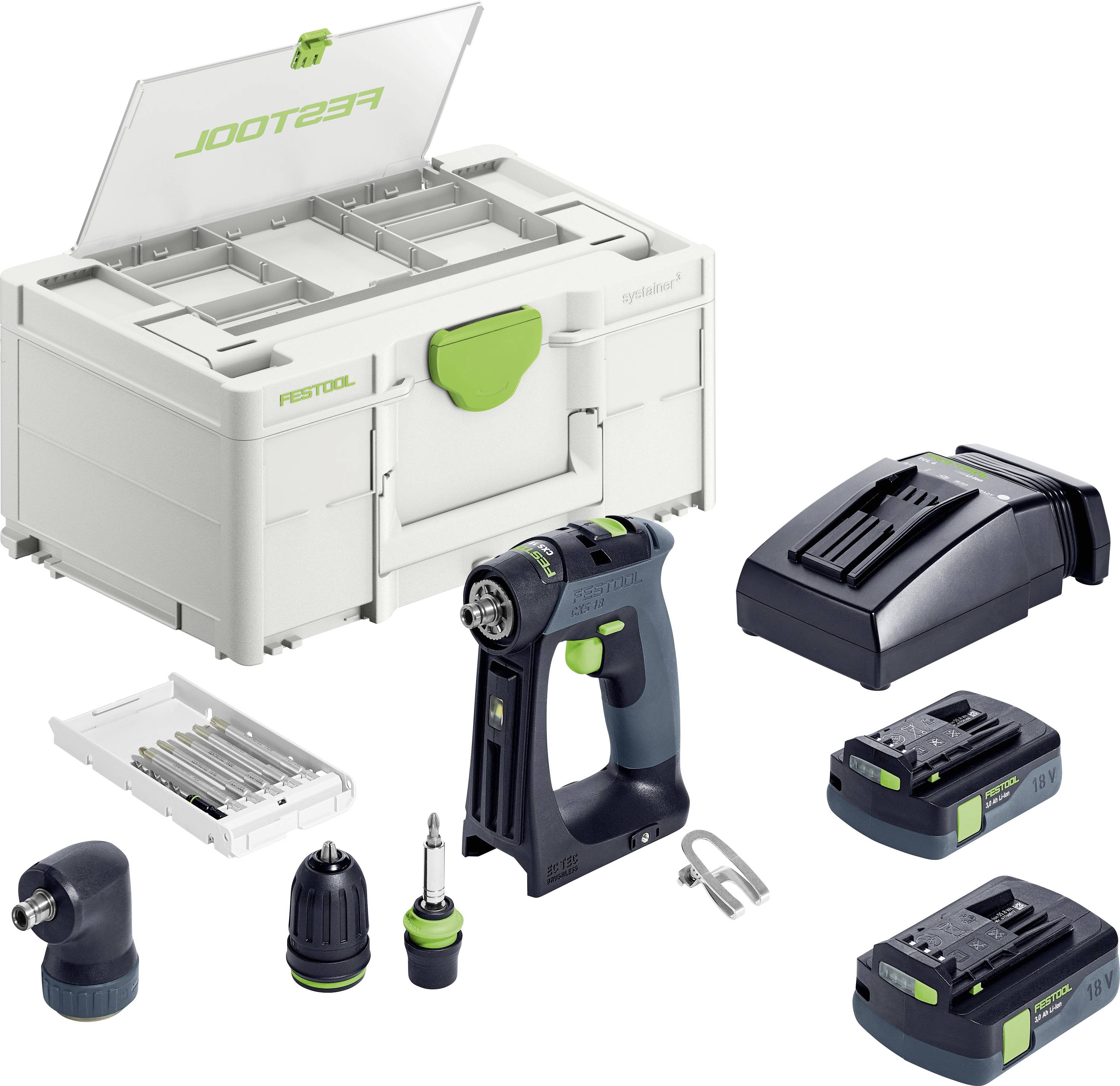 Festool sladdlös borr-set inkluderar en borr, två batterier, laddare, borrbits och tillbehör i ett robust förvaringsväska.