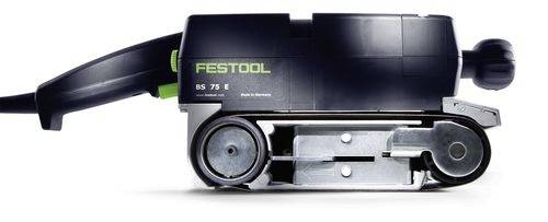 En svart och grön sladdhandhållen bandslip med 'Festool BS 75 E' märkt på sidan, som visar bandslipens mekanism.
