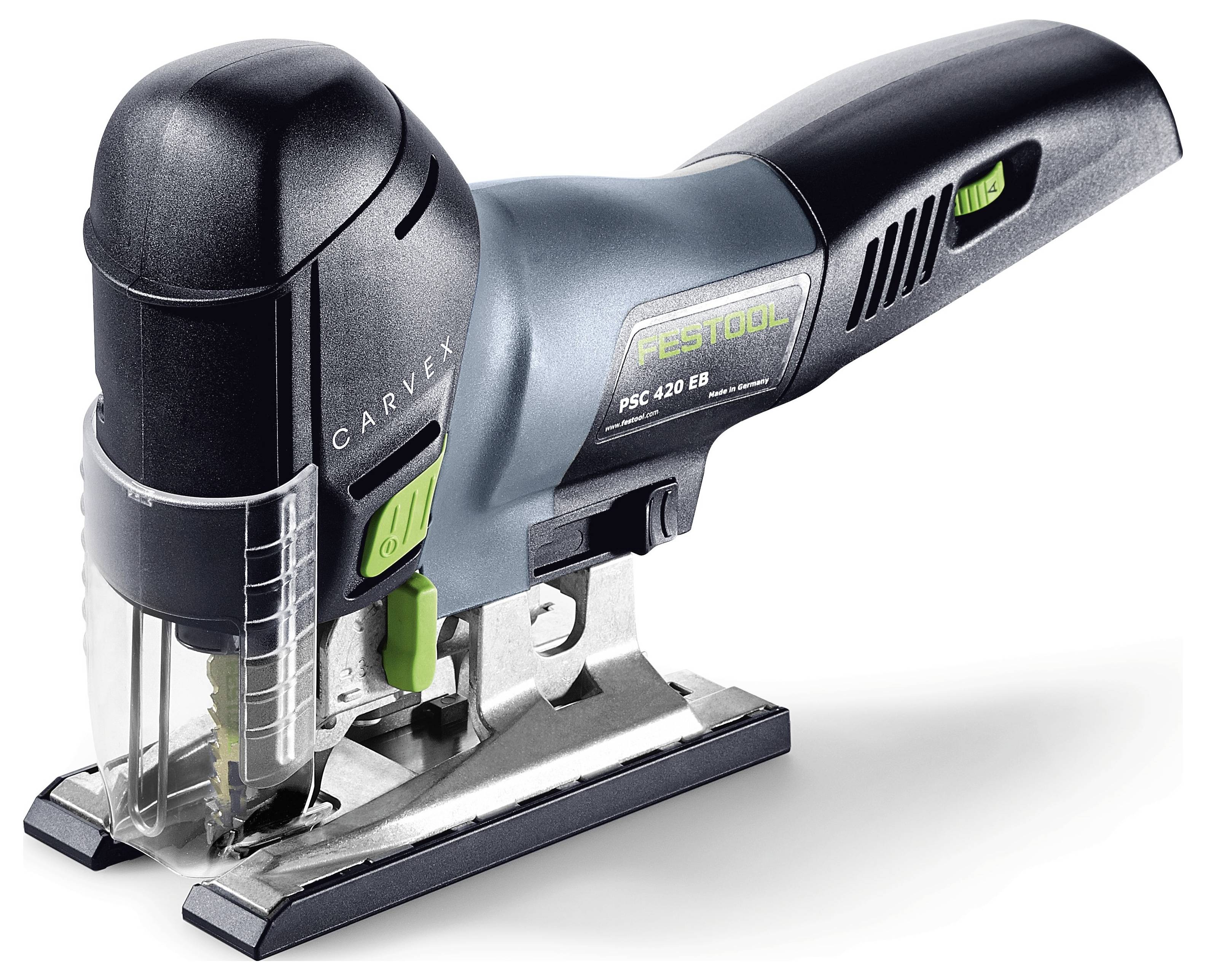'En Festool PSC 420 EB sticksåg med en snygg svart och grå design, utrustad med en tydlig guide och en ergonomisk handtag för precisionskapning.'