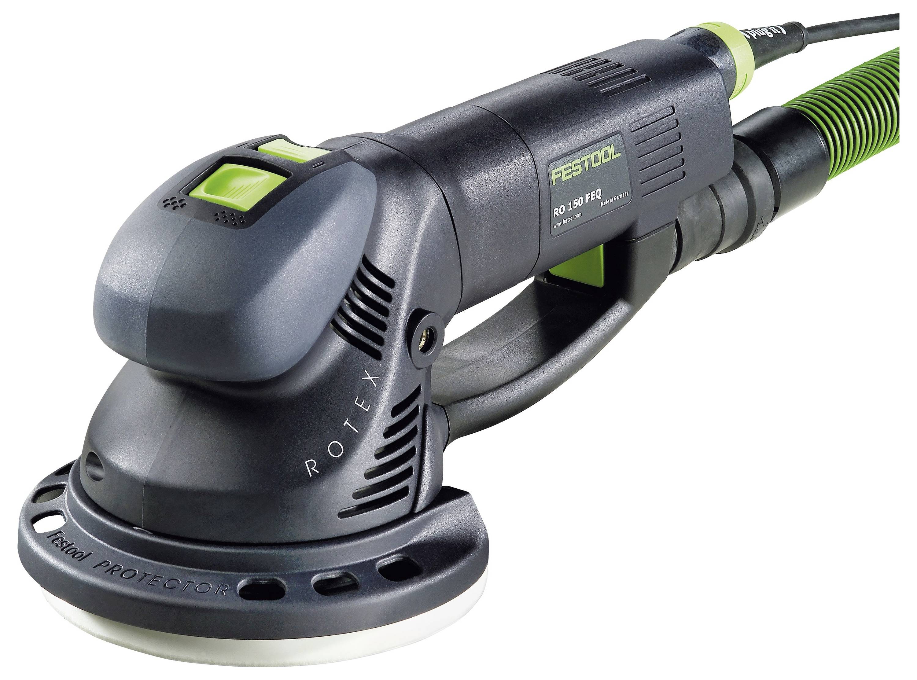 En svart och grön excenterslip med ett handtag och en strömkabel. Enheten är märkt 'Festool' och utformad för att jämna ut ytor.