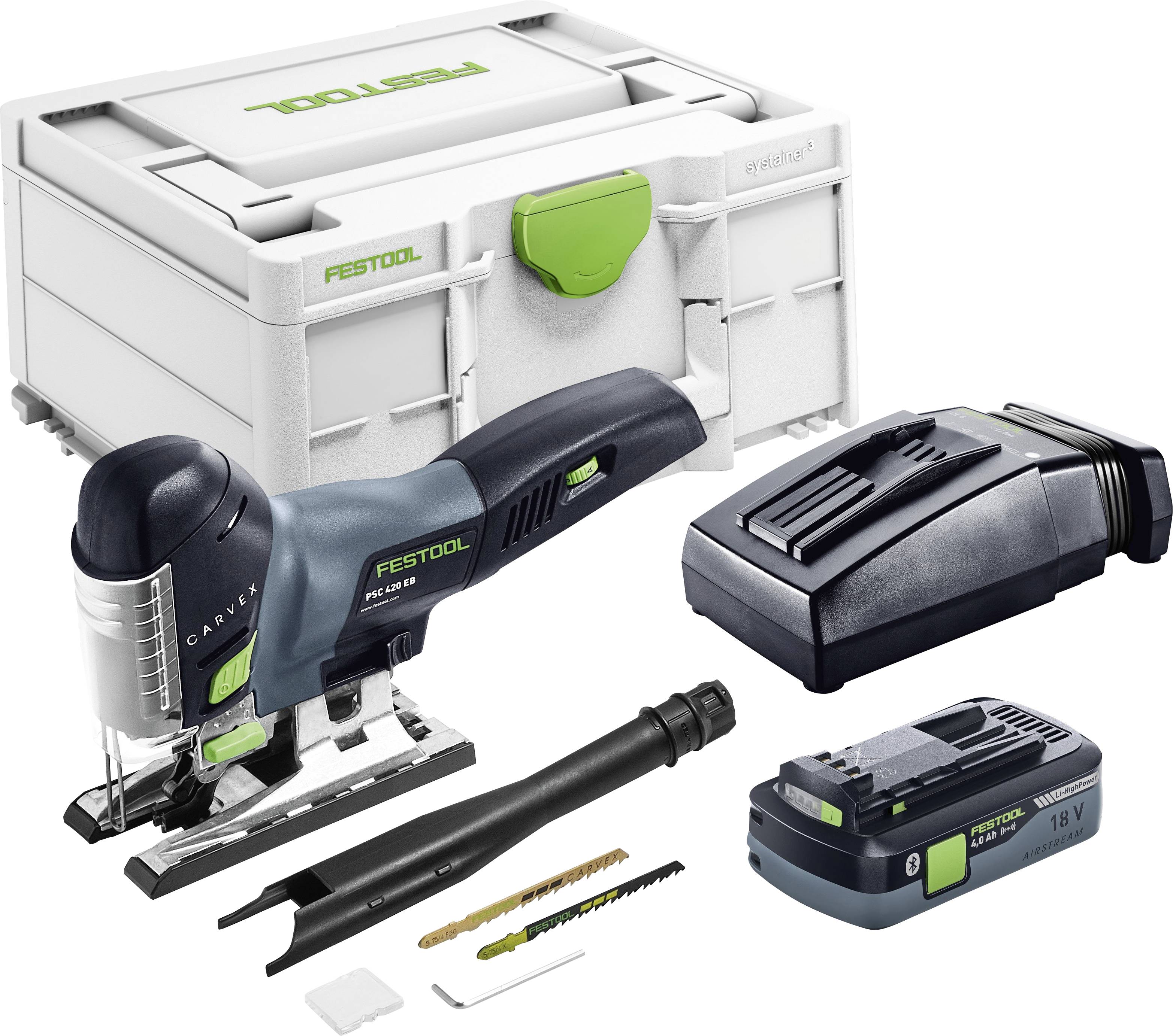 Sticksågsset Festool PSC 420 med förvaringsbox, laddare, batteri, sågblad och tillbehör för snickeriarbeten.