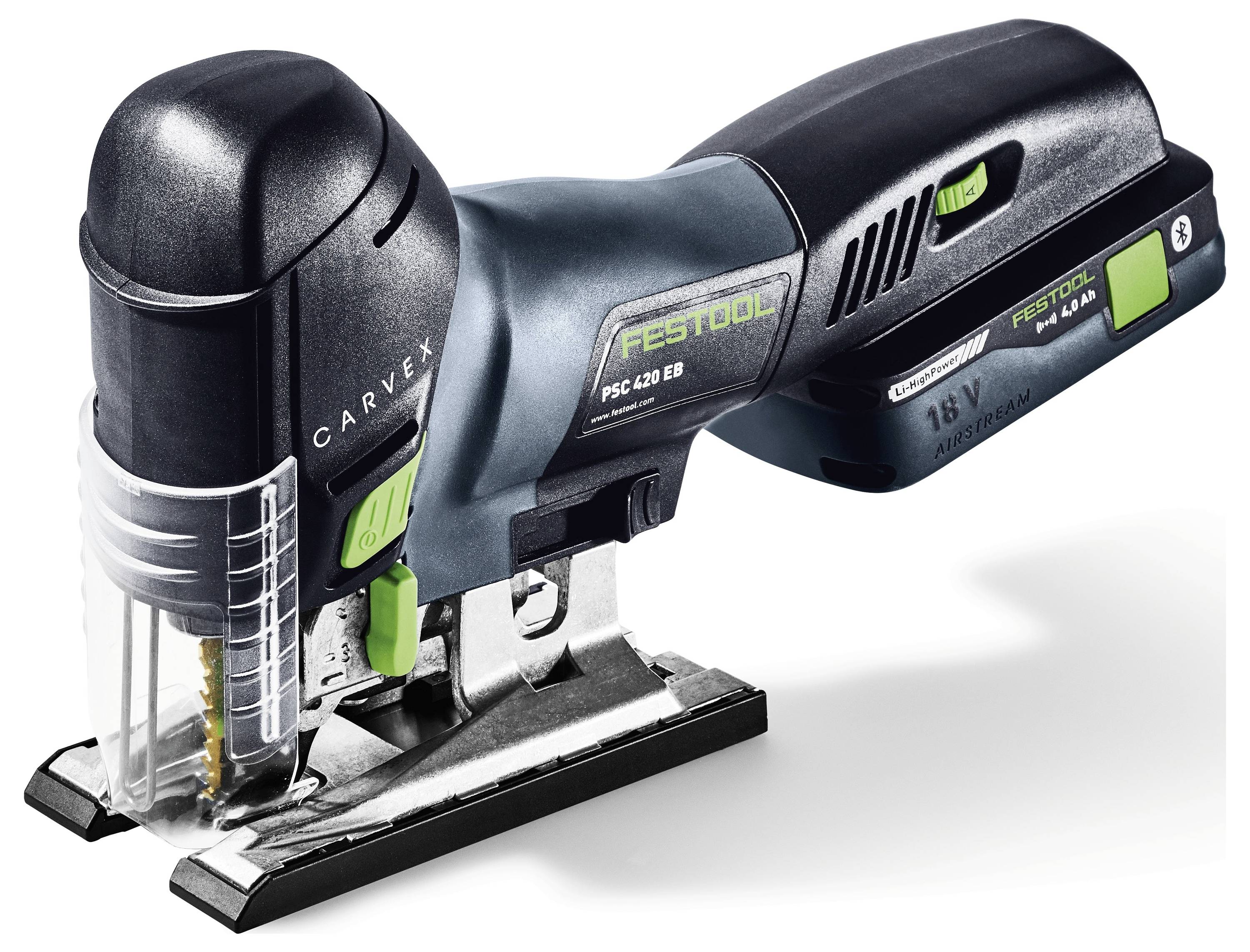 En sladdlös sticksåg med svart och grön design, märkt 'Festool PSC 420 EB,' med ett synligt batteri och blad längst fram.
