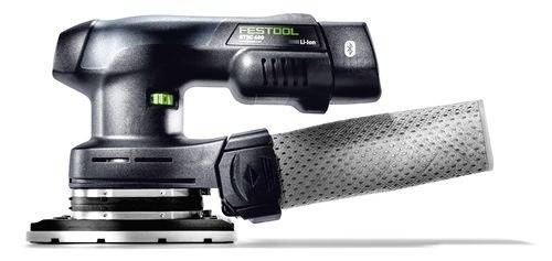 En sladdlös elektronisk slipmaskin med en elegant svart design, utrustad med ett strukturerat grepp och märkt 'FESTOOL'. Den har ett löstagbart dammfilter.